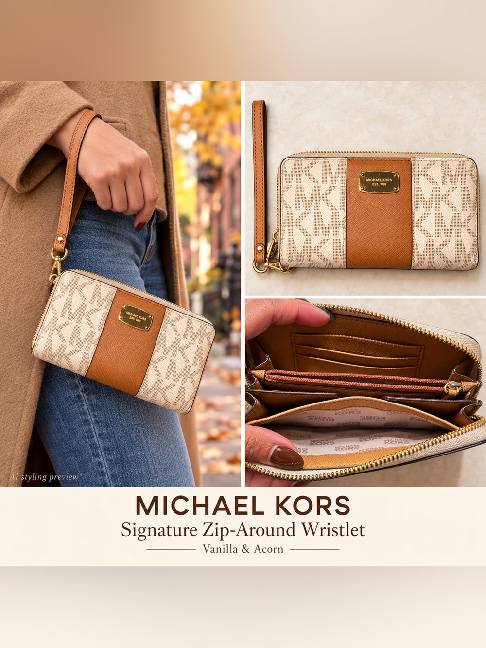 Michael Kors Two-Tone Signature Zip-Around Wristlet — Vanilla & Acorn Brown